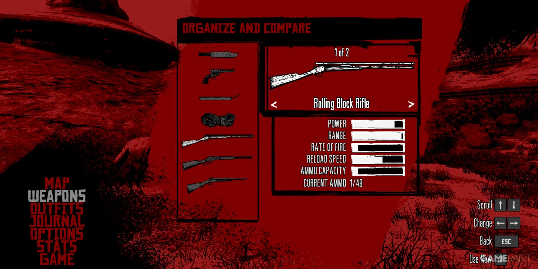 Weapon selection screen with Rolling Block Rifle stats displayed in Red Dead Redemption