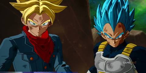 What If from Dragon Ball Sparking Zero, Inherited Pride, Trunks and Vegeta ready for battle