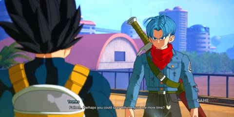 What If from Dragon Ball Sparking Zero, Inherited Pride, Trunks confronts Vegeta with his energy