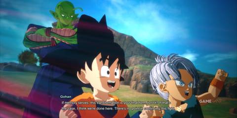 What if from Dragon Ball Sparking Zero, Piccolo observes while Goten and Trunks cheer during battle