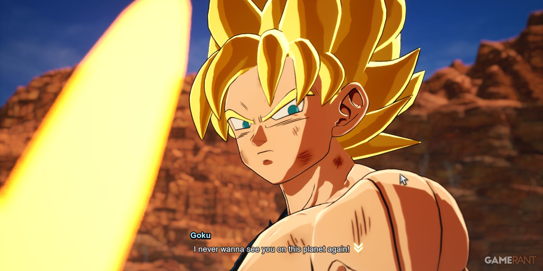 What if from Dragon Ball Sparking Zero, Super Saiyan Goku confronts his enemy with a serious look