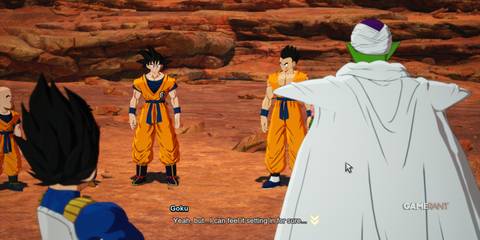 What If in Dragon Ball Sparking Zero showing Goku talking with Vegeta, Gohan, and Piccolo