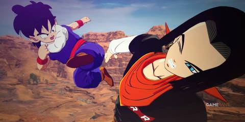 What If in Dragon Ball Sparking Zero showing young Gohan kicking Android 17 during a fight