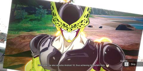 What If scene in Dragon Ball Sparking Zero, Cell achieves his perfect form after absorbing Android 18