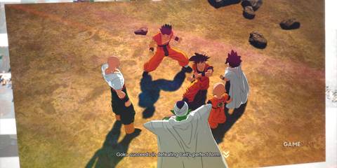 What If scene in Dragon Ball Sparking Zero, Goku and team planning their next move against Cell