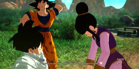 What If scene in Dragon Ball Sparking Zero, Goku apologizes to Chi-Chi and Gohan in a peaceful setting