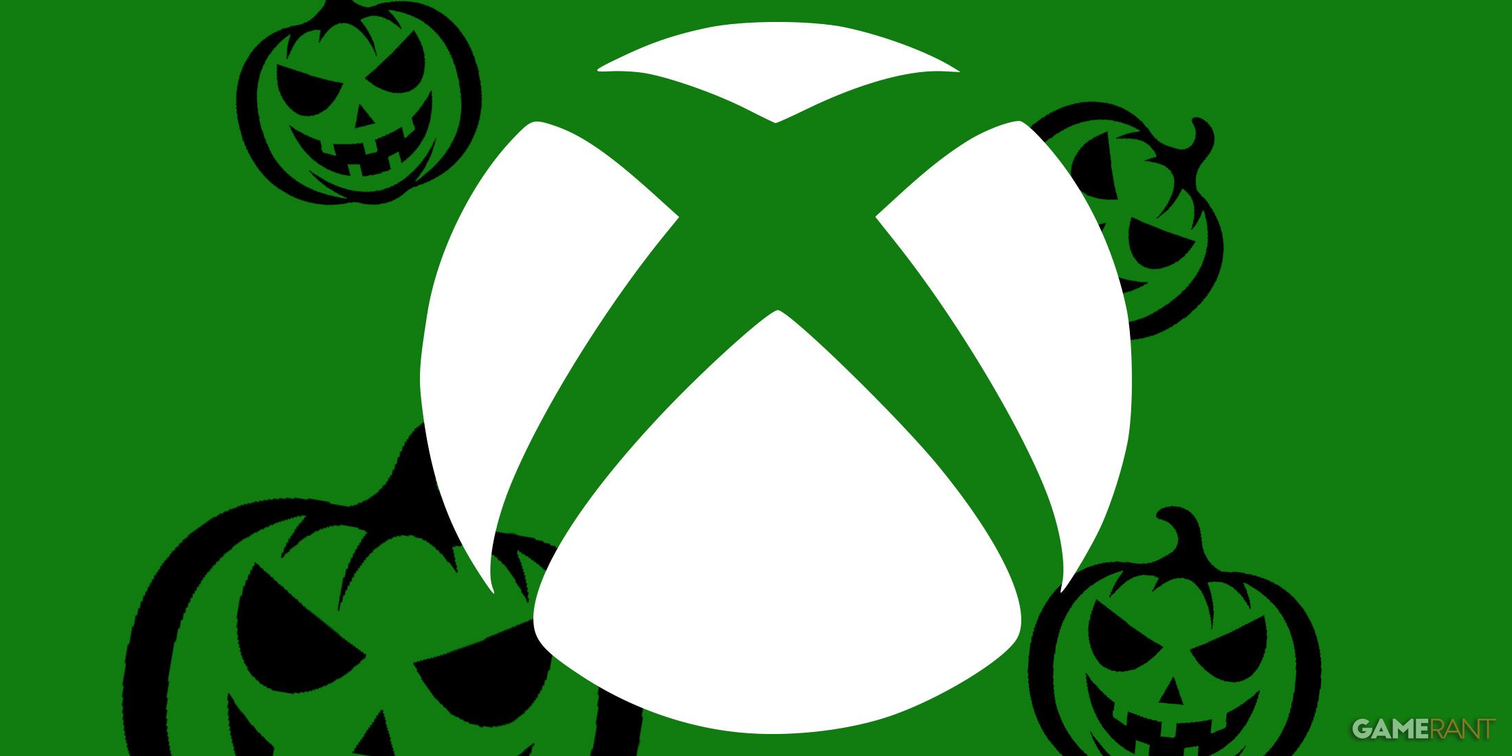 white Xbox logo on green background with black jack-o-lantern halloween icons