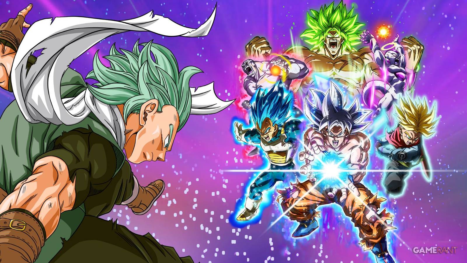 Granolah from the Dragon Ball Super manga overlooking the official box art wallpaper of Dragon Ball: Sparking Zero, which prominently features Ultra Instinct Goku