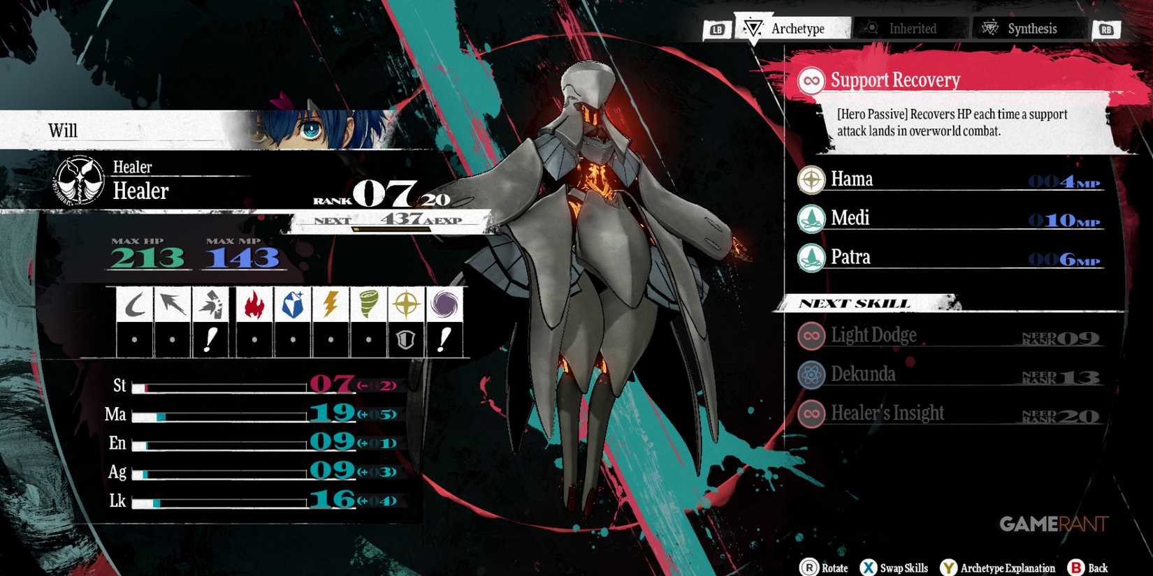 Will as Healer, an early game archetype in Metaphor ReFantazio, focused on recovery skills