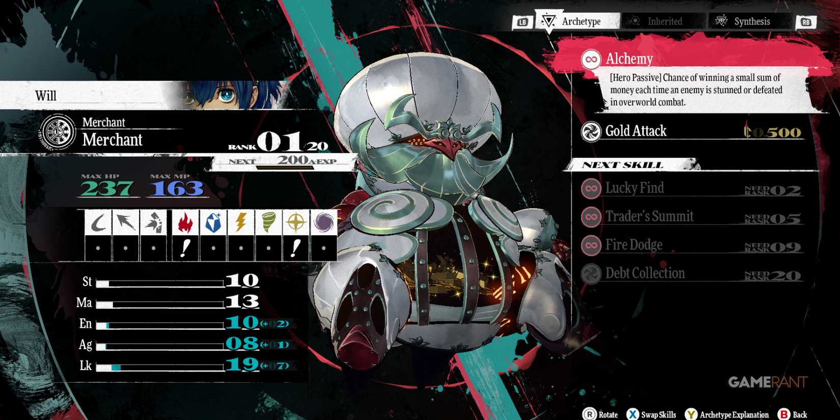 Will as Merchant, an early game archetype in Metaphor ReFantazio, offering passive gold collection