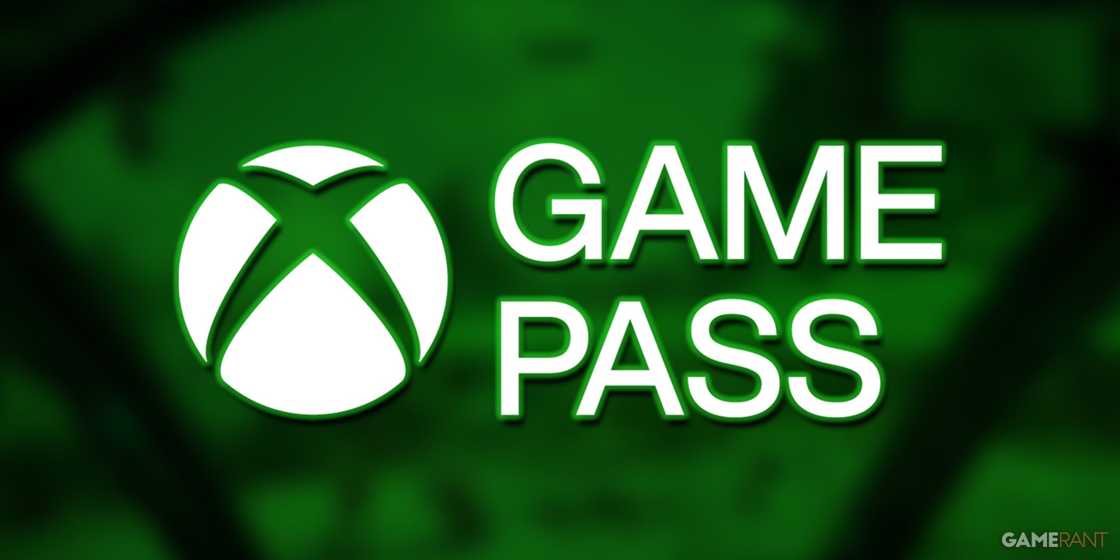 Xbox Game Pass abridged white logo glowing over green-tinted blurred MechWarrior 5 Clans cockpit gameplay screenshot