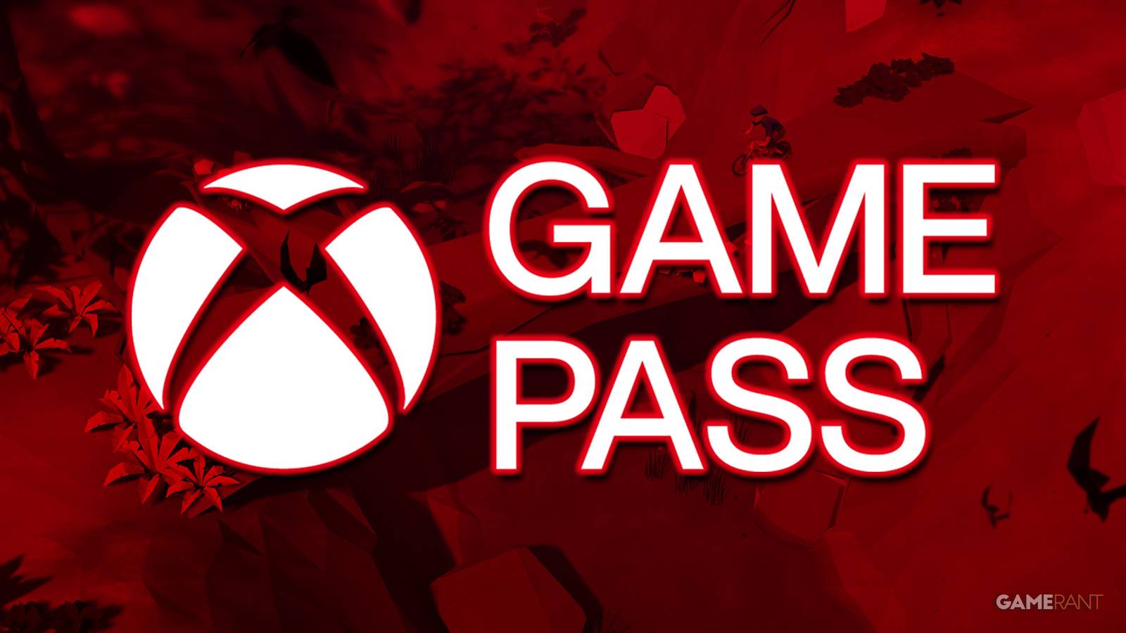 Xbox Game Pass logo white and glowing over red-tinted Lonely Mountains Downhill promo gameplay screenshot