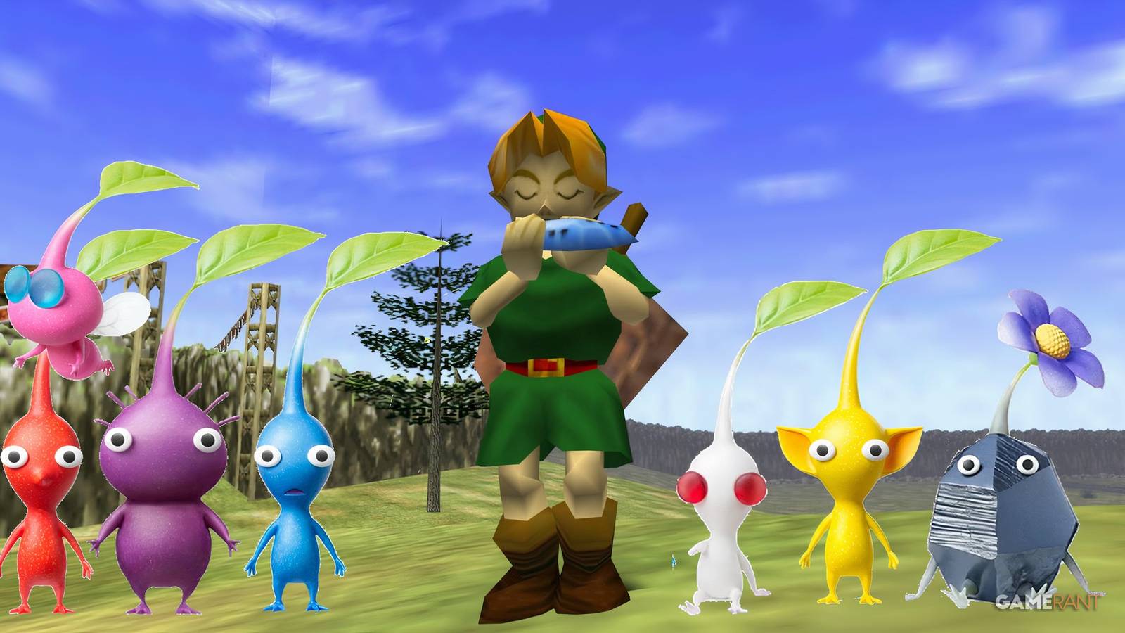 link playing ocarina with pikmin