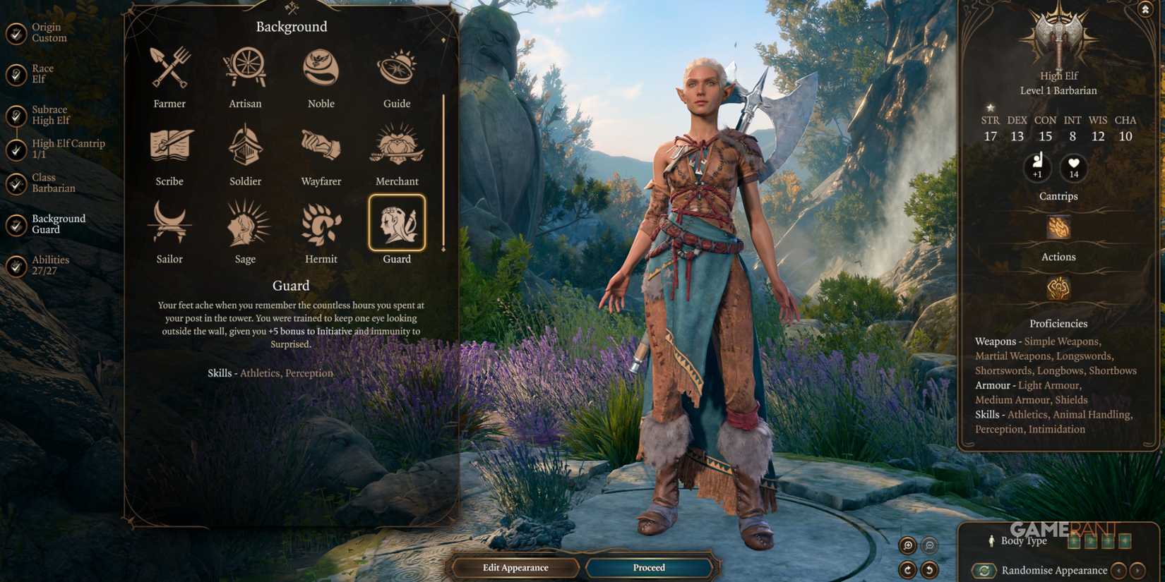 5R DND Backgrounds mod in Baldur's Gate 3, showing various background options for character creation