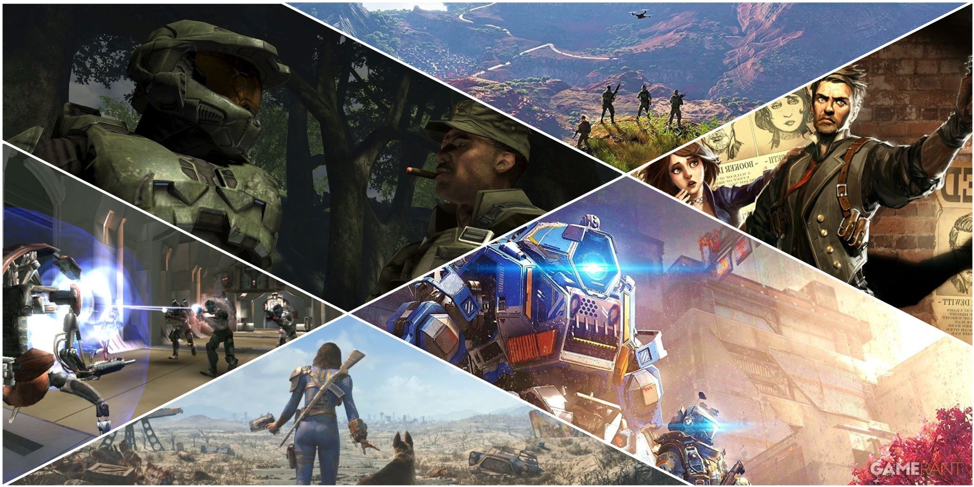 A Collage Featuring Key Art & Key Frames From Halo 3, Star Wars Republic Commando, Fallout 4, Bioshock Infinite, Titanfall 2, & Ghost Recon Wildlands