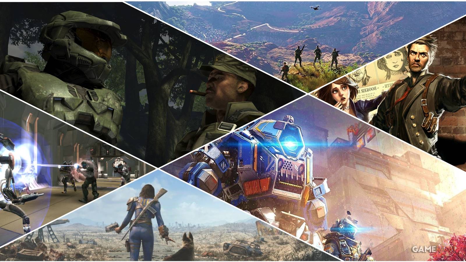 A Collage Featuring Key Art & Key Frames From Halo 3, Star Wars Republic Commando, Fallout 4, Bioshock Infinite, Titanfall 2, & Ghost Recon Wildlands