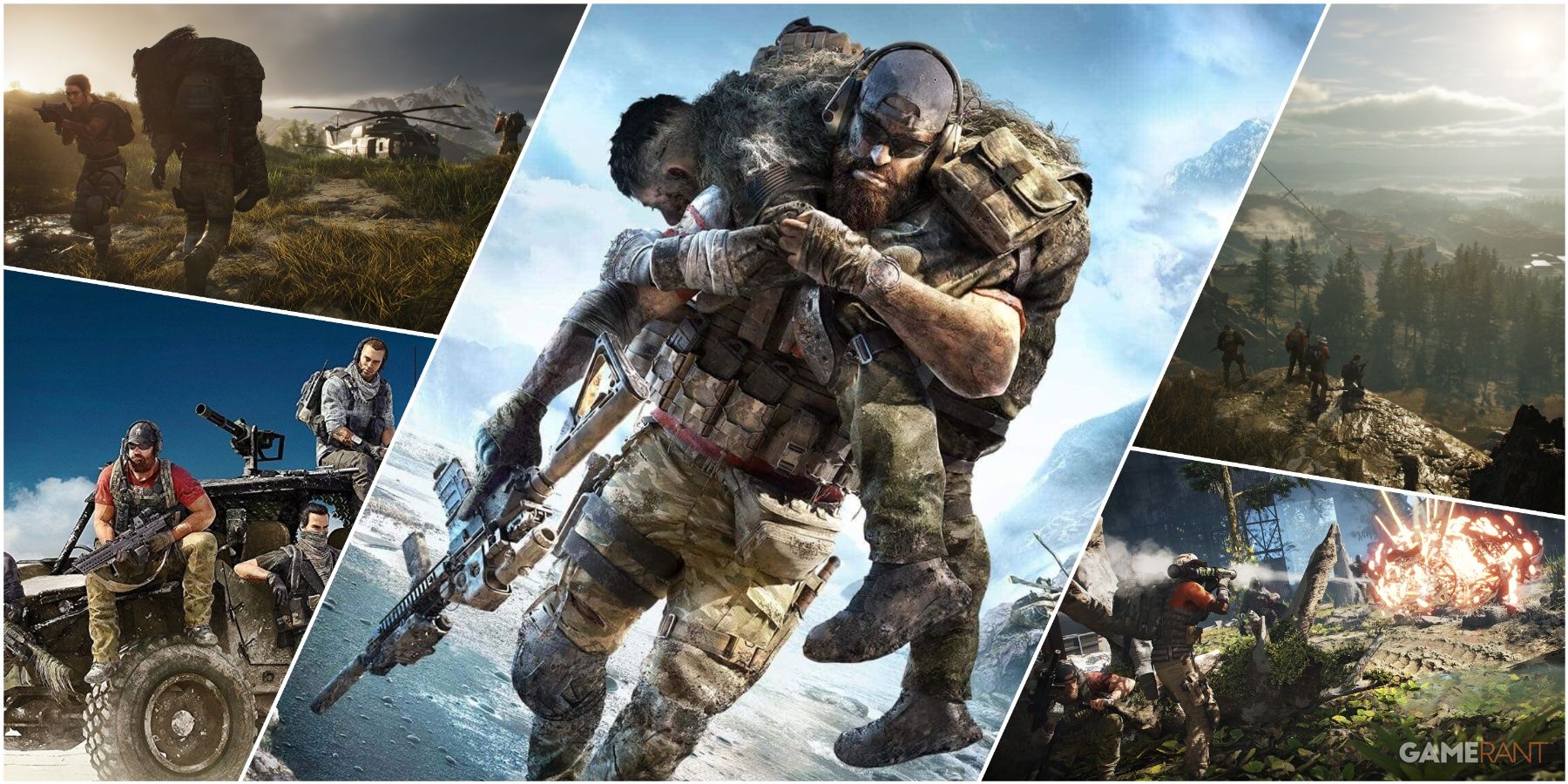 A Collage Featuring Key Art & Key Frames Of AI Allies From Ghost Recon Wildlands, & Ghsot Recon Breakpoint