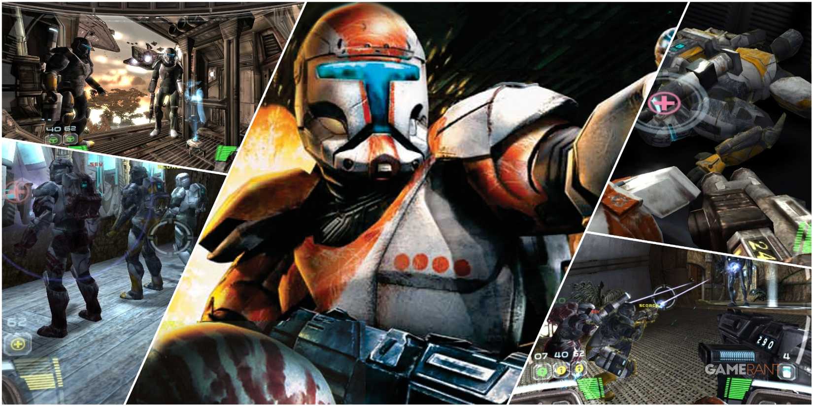 A Collage Featuring Key Art & Key Frames Of Delta Squad From Star Wars Republic Commando