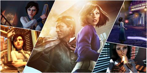A Collage Featuring Key Art & Key Frames Of Elizabeth From Bioshock Infinite