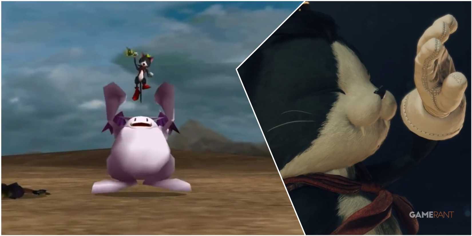 A Collage Of Key Art & A Key Frame Of Cait Sith From Final Fantasy VII
