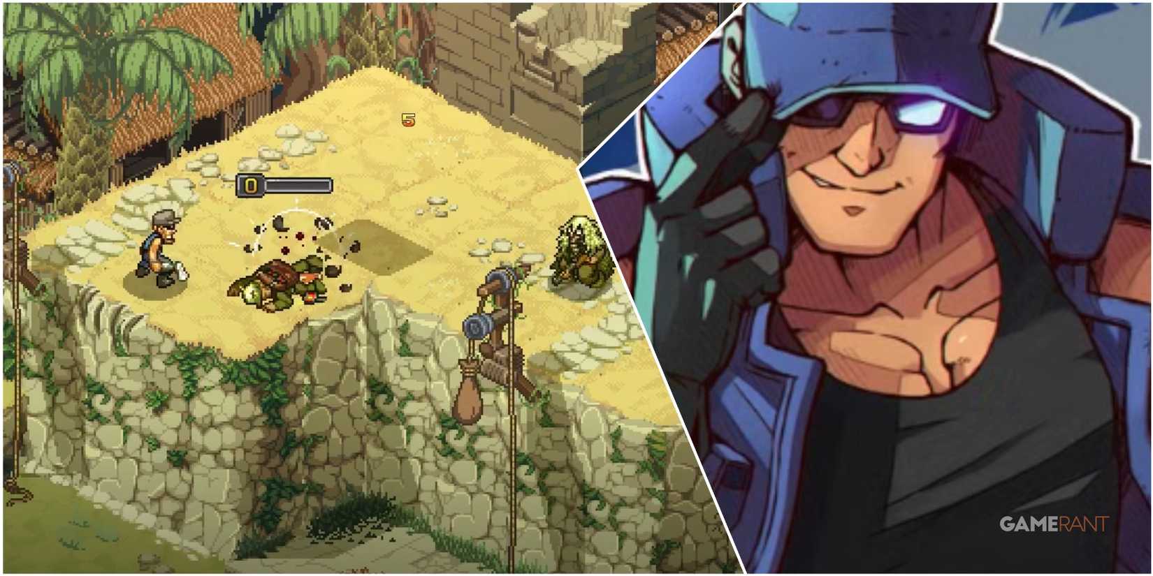 A Collage Of Key Art & A Key Frame Of Clark Still From Metal Slug Tactics