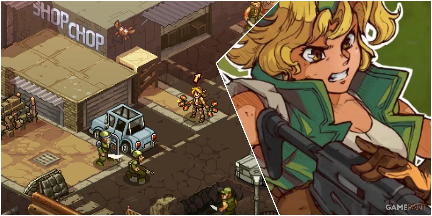 A Collage Of Key Art & A Key Frame Of Eri Kasamoto From Metal Slug Tactics