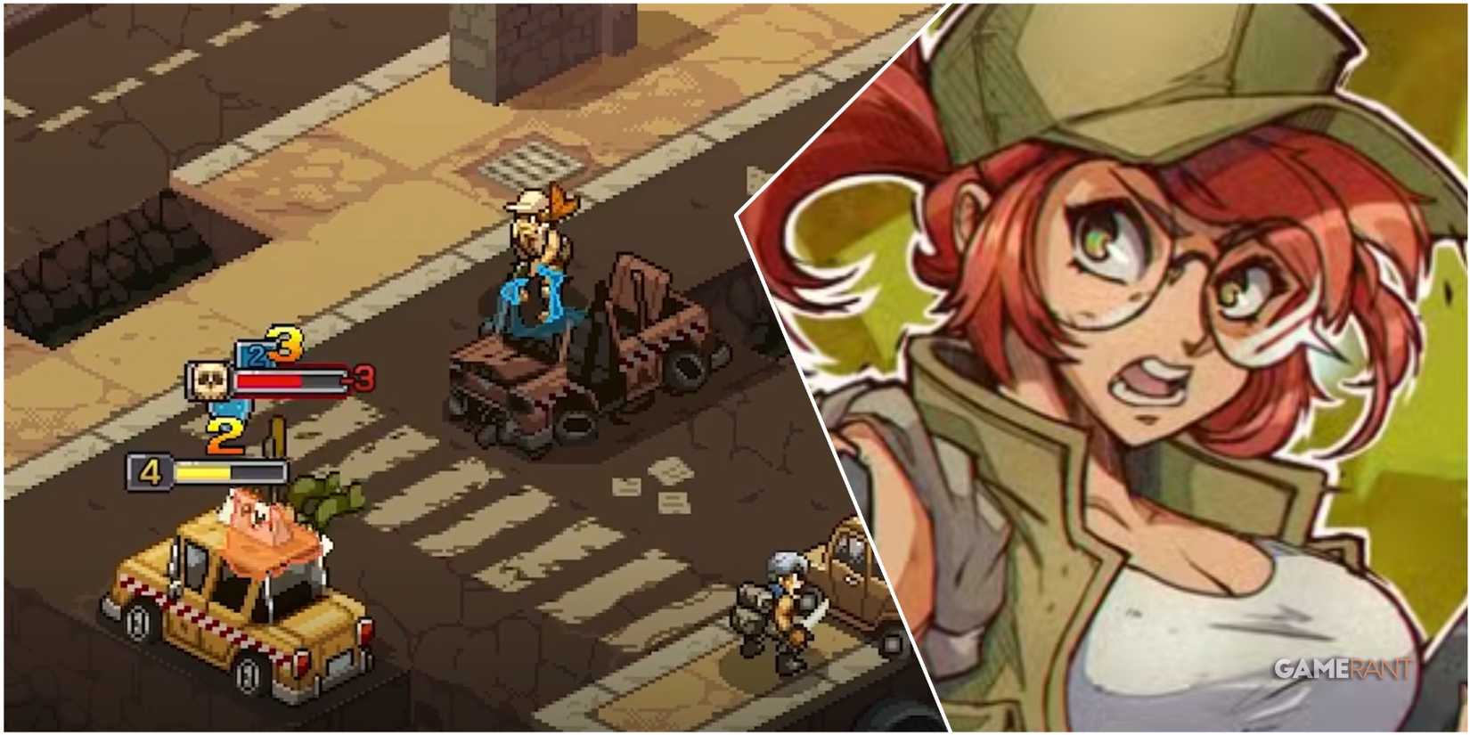 A Collage Of Key Art & A Key Frame Of Fio Germi From Metal Slug Tactics