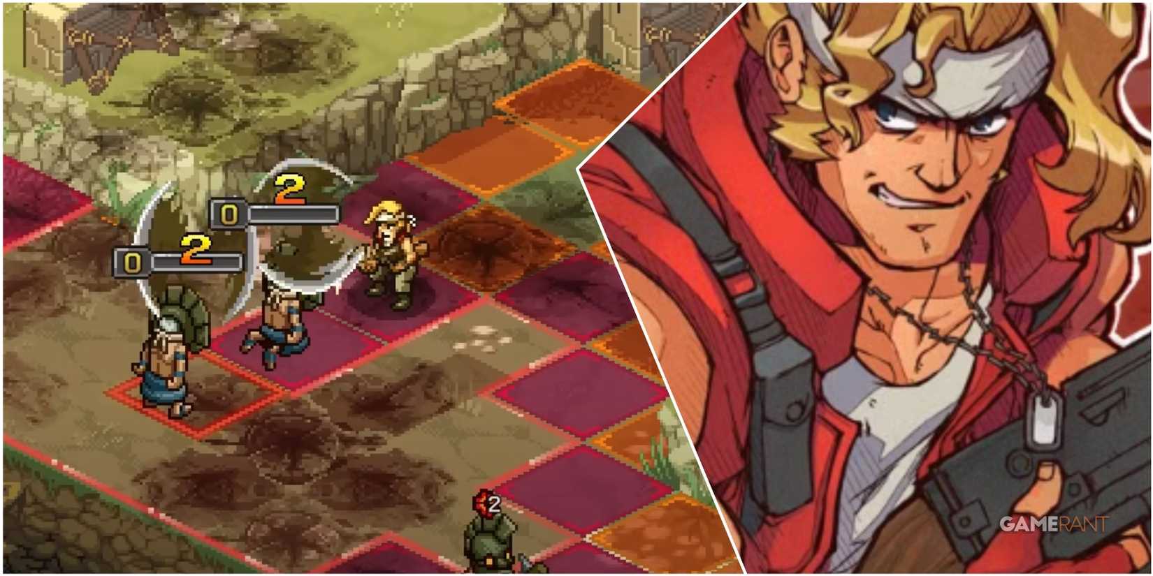 A Collage Of Key Art & A Key Frame Of Marco Rossi From Metal Slug Tactics