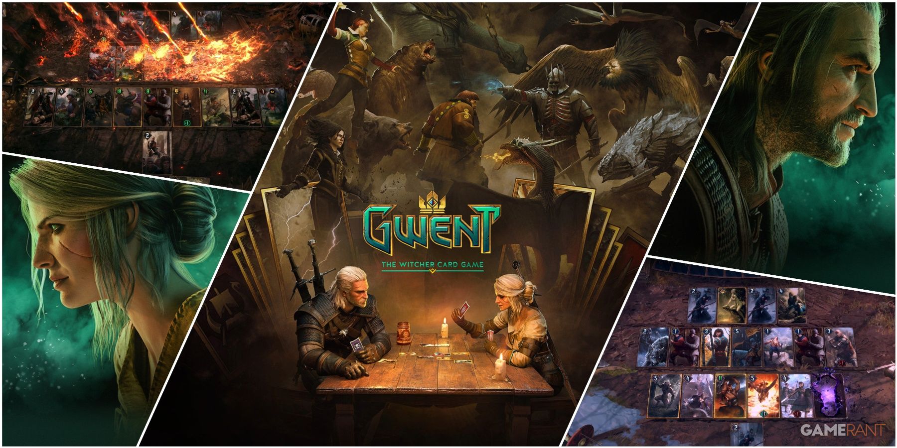 A Collage Of Key Art & Key Frames From Gwent The Witcher Card Game