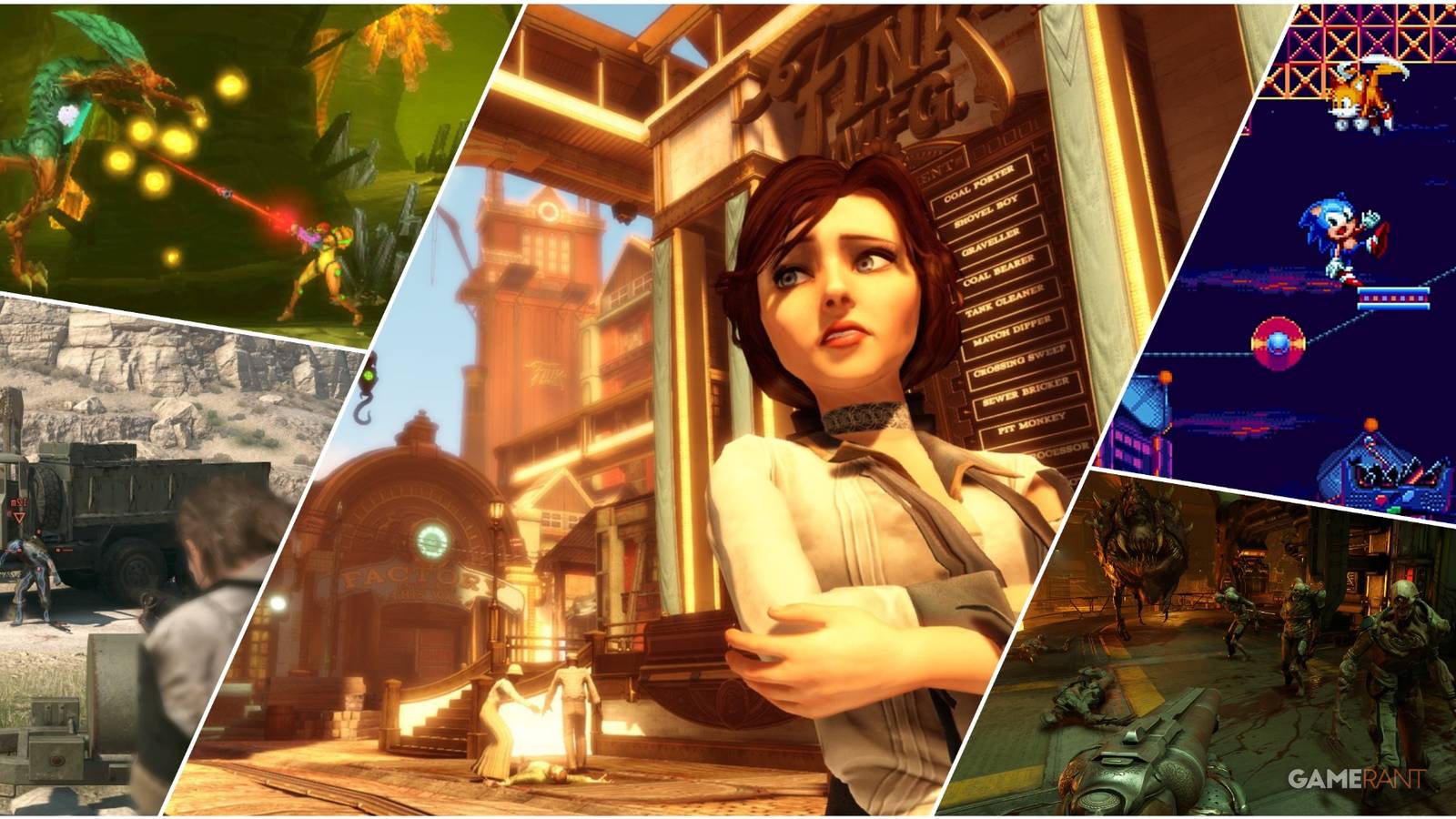 A Collage Of Key Art & Key Frames From Metroid Samus Returns, Sonic Mania, DOOM (2016), Bioshock Infinite, & Metal Gear Solid Ground Zero