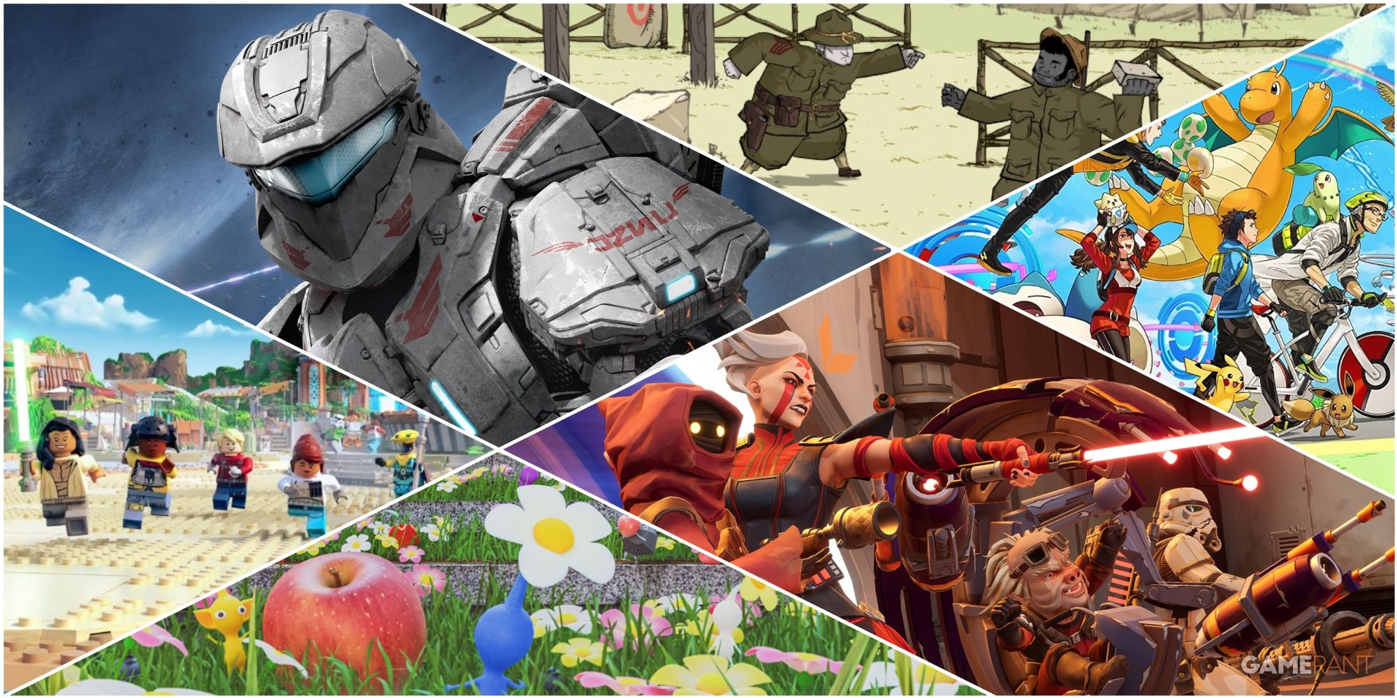 A Collage Of Key Art & key Frames From Pokemon GO, Halo Spartan Assault, Pikmin Bloom, LEGO Star Wars Castaway, & Star Wars Hunters