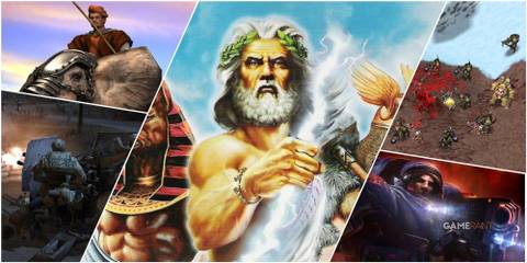 A Collage Of Key Art & Key Frames From Starcraft 2, Age Of Empires 2, Company Of Heroes, Warcraft 3, & Age Of Mythology