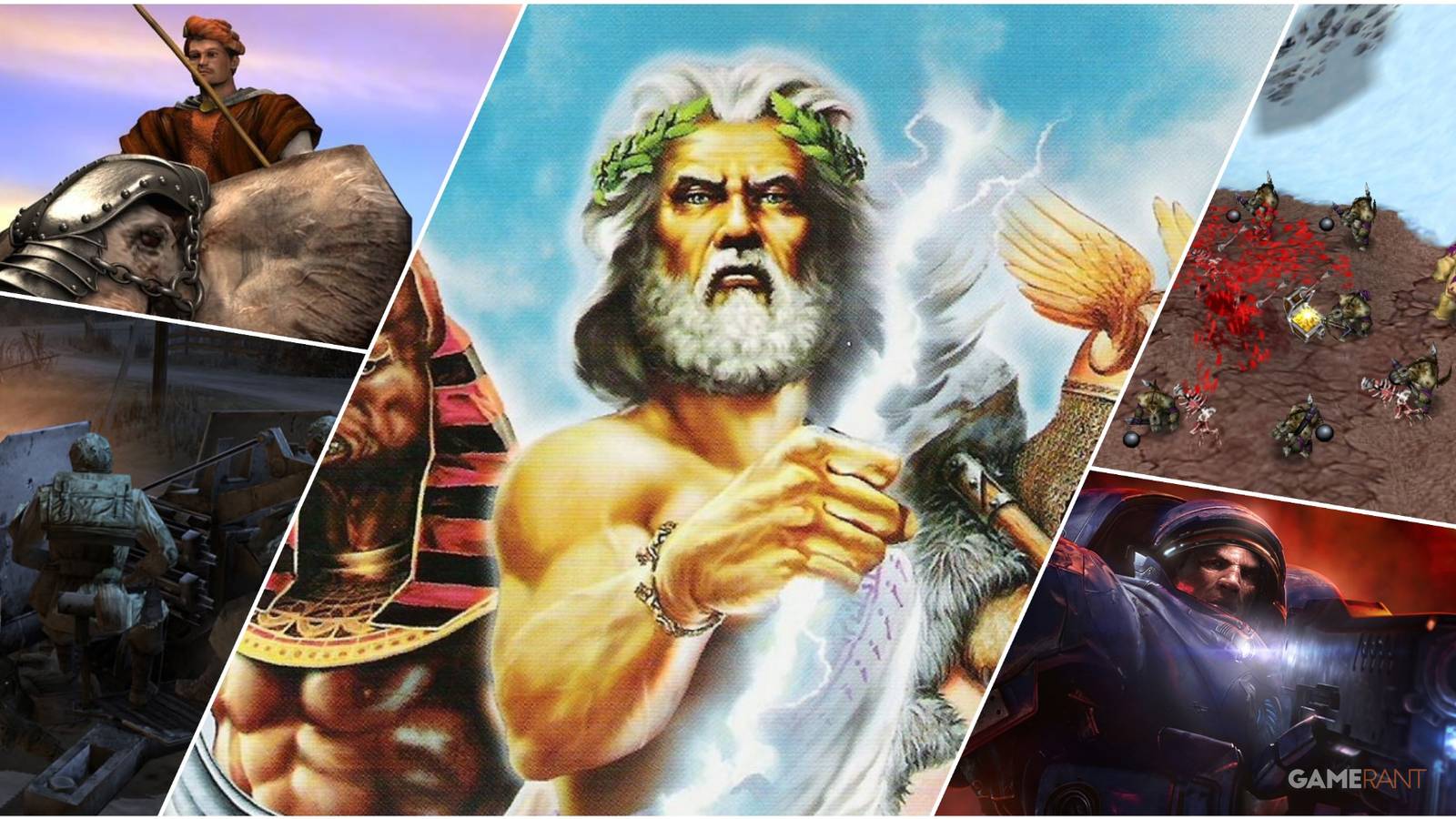 A Collage Of Key Art & Key Frames From Starcraft 2, Age Of Empires 2, Company Of Heroes, Warcraft 3, & Age Of Mythology