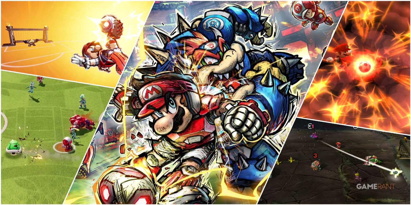 A Collage Of Various Key Art & Key Stills From The Mario Strikers Series