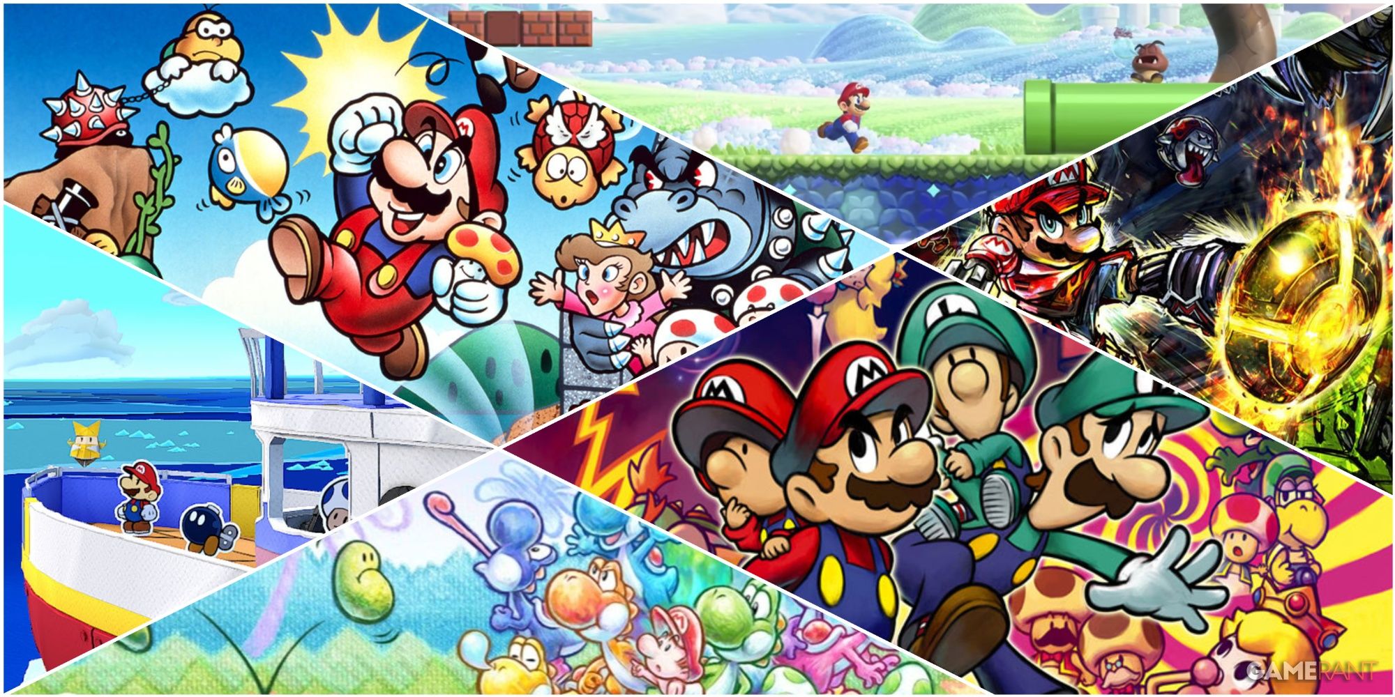 A Collage Of Various Key Art & Key Stills From The Super Mario Bros. Wonder, Mario Strikers, New Super Mario Bros., Paper Mario, & Mario And Luigi Series