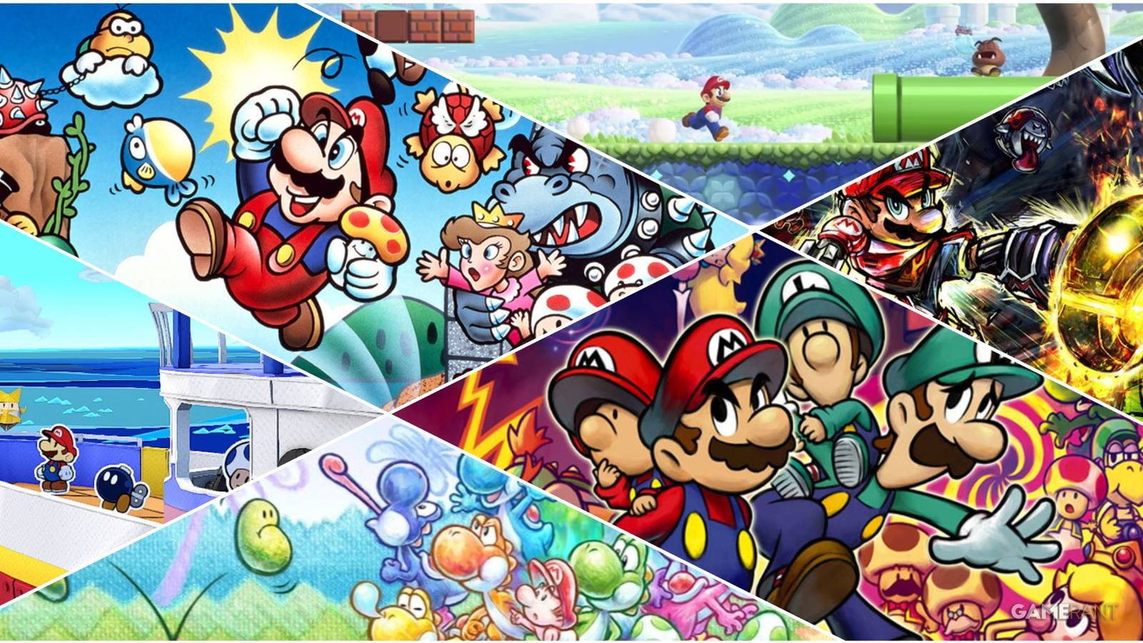 A Collage Of Various Key Art & Key Stills From The Super Mario Bros. Wonder, Mario Strikers, New Super Mario Bros., Paper Mario, & Mario And Luigi Series