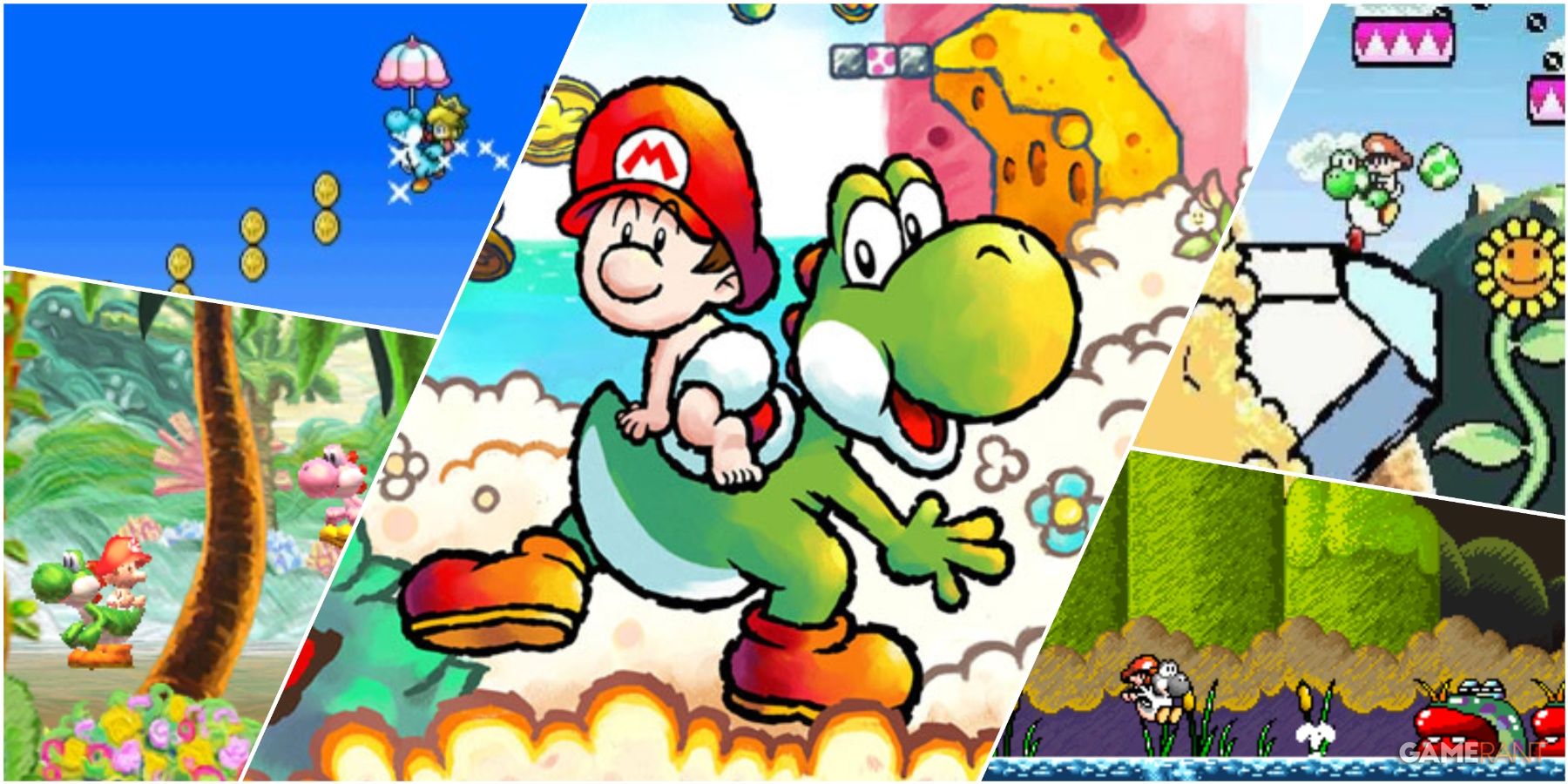 A Collage Of Various Key Art & Key Stills From The Yoshi's Island Series