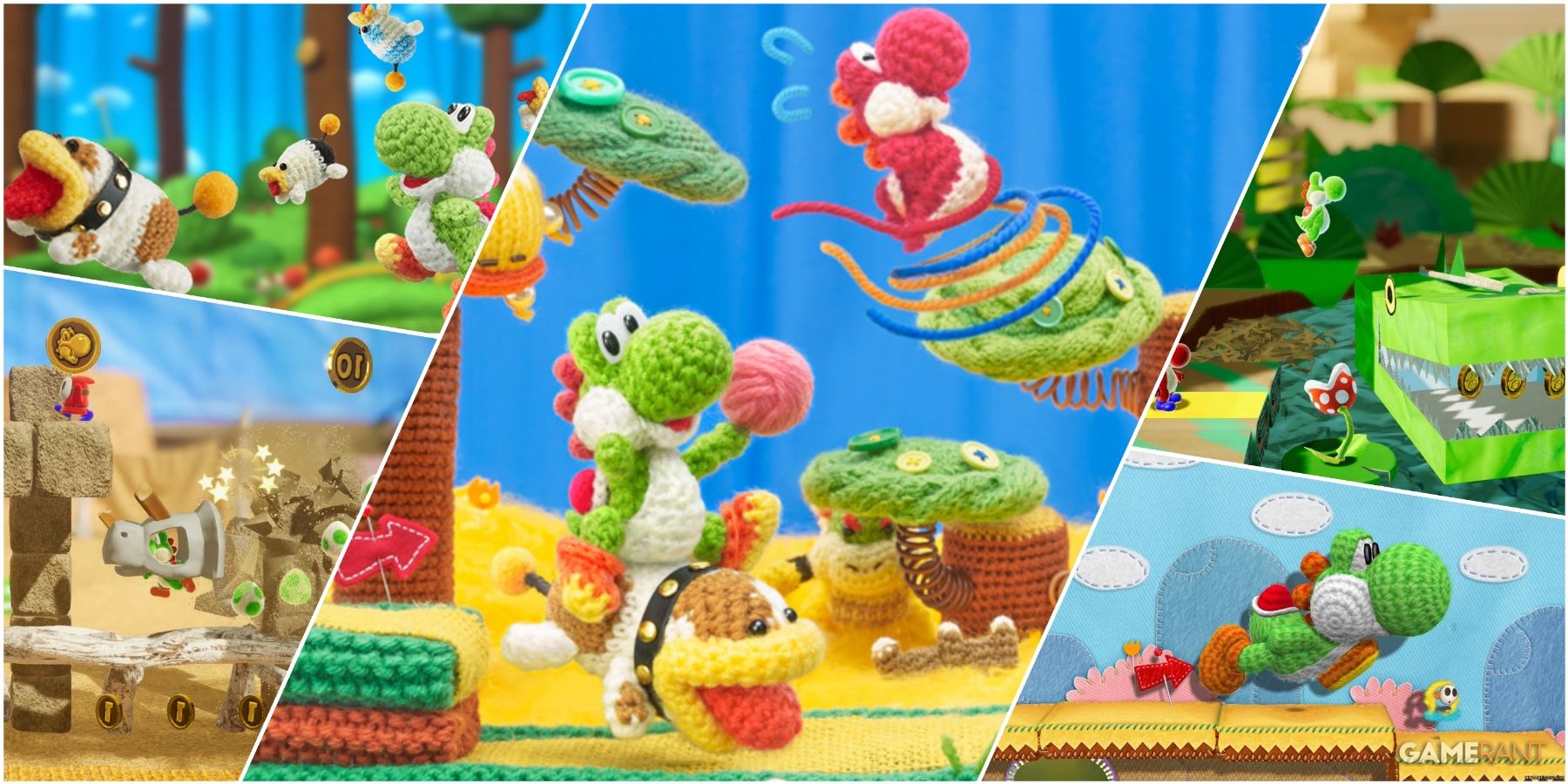 A Collage Of Various Key Art & Key Stills From Yoshi's Wooly World, Poochie & Yoshi's Wooly World, & Yoshi's Crafted World