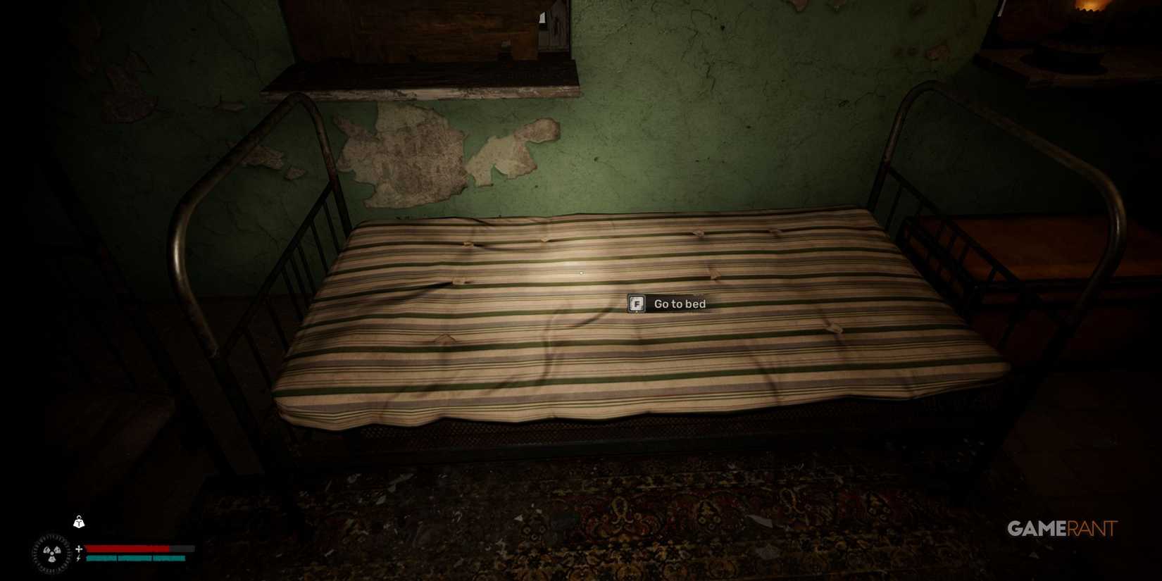Abandoned bed in a rundown building, emphasizing the need to rest in STALKER 2
