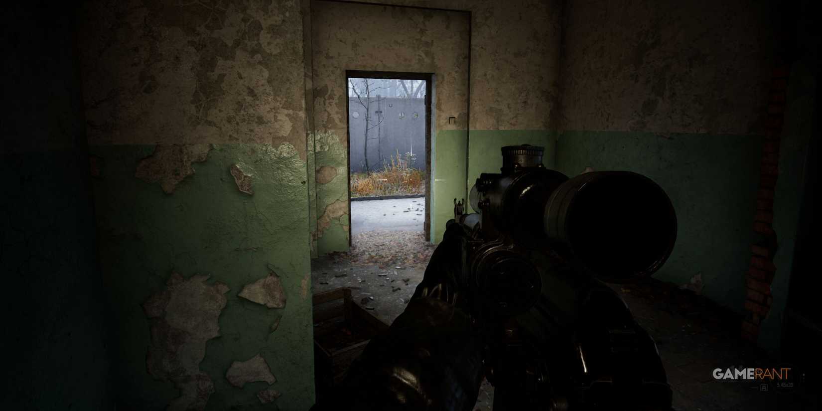 Aiming through a doorway to clear threats while avoiding ambushes in STALKER 2