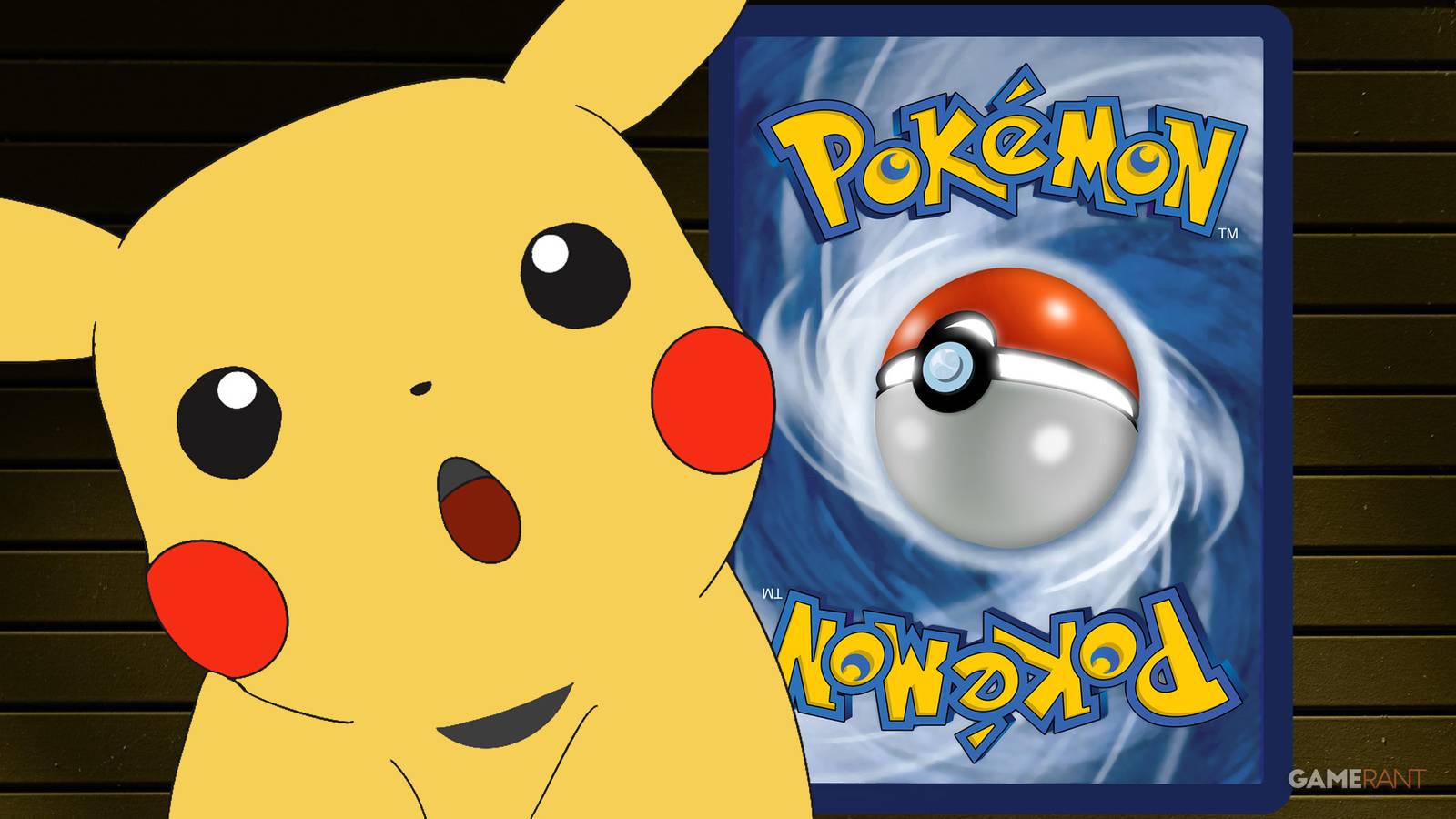 Amazed-looking Pikachu doodle in front of Pokemon TCG card back