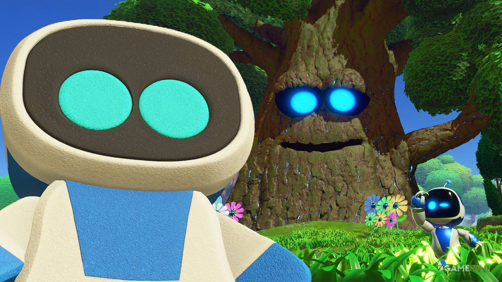 Astro Bot with sponge power up and tree and small Astro Bot in the background