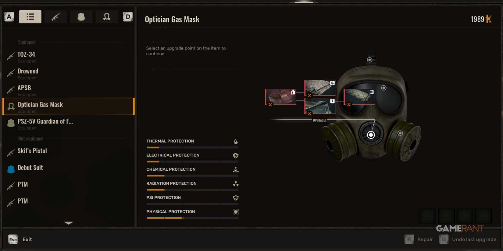 Boost chemical resistance by upgrading the Optician Gas Mask for better survival in toxic zones in STALKER 2