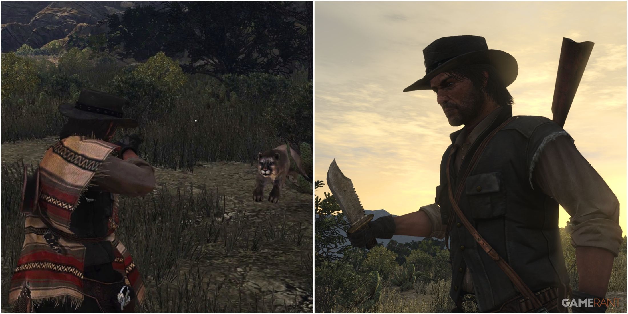 Featured image for Red Dead Redemption showcasing John Marston holding a knife and attacking a cougar.