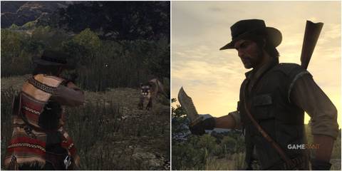 Featured image for Red Dead Redemption showcasing John Marston holding a knife and attacking a cougar.