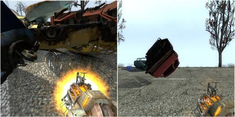 Featured image for Half-Life 2 showcasing the use of Gravity Gun to flip a car.