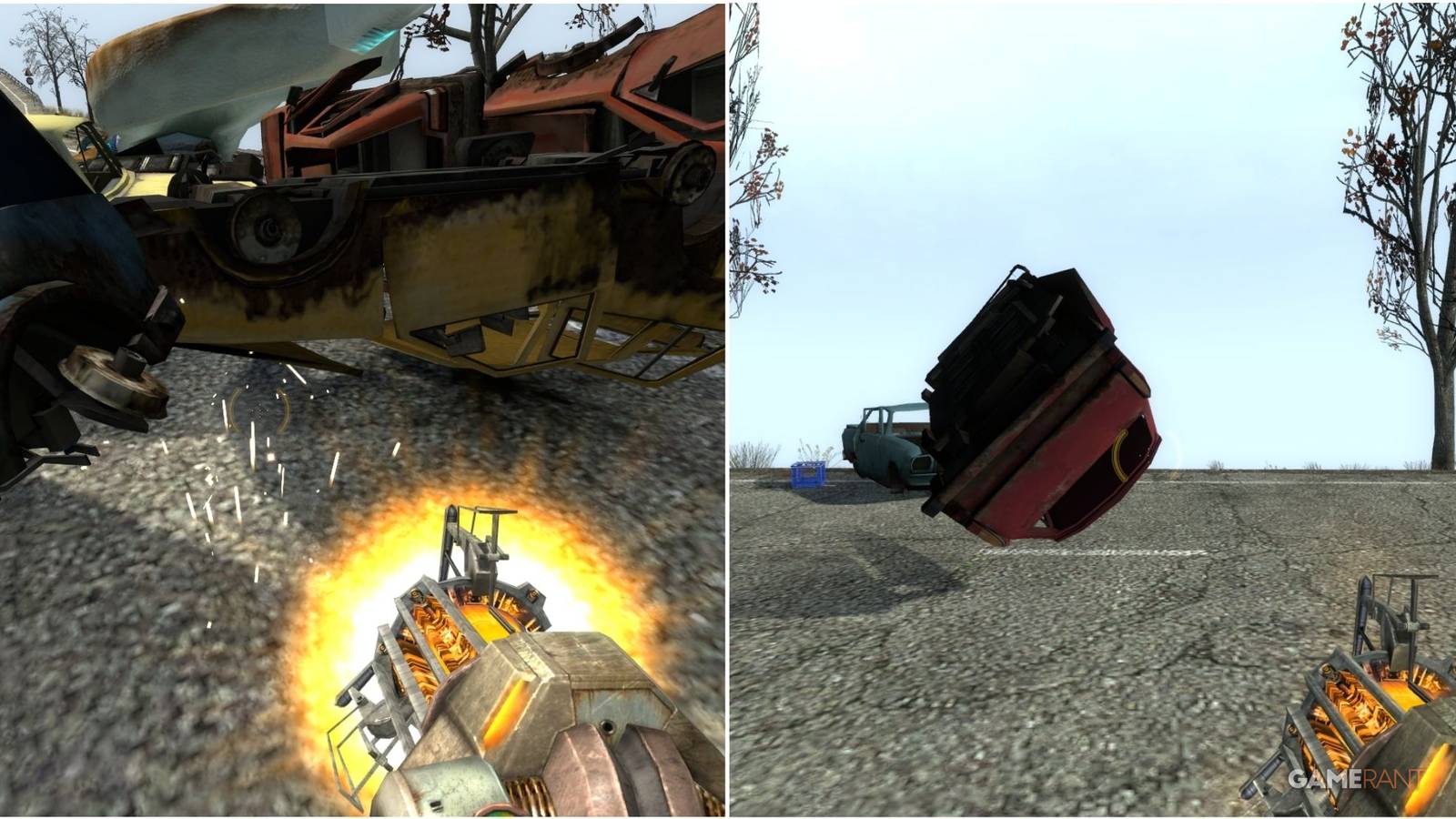 Featured image for Half-Life 2 showcasing the use of Gravity Gun to flip a car.