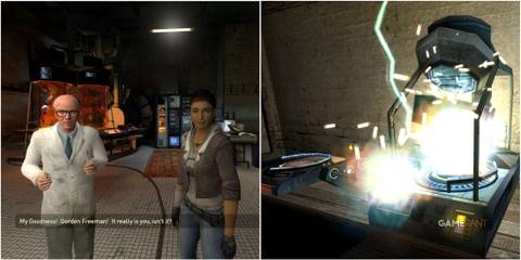 Featured image for Half-Life 2 showcasing Dr. Kleiner, Alyx, and the teleporter.