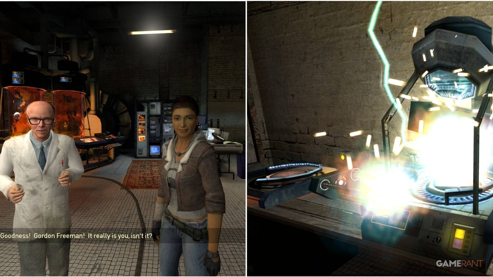 Featured image for Half-Life 2 showcasing Dr. Kleiner, Alyx, and the teleporter.