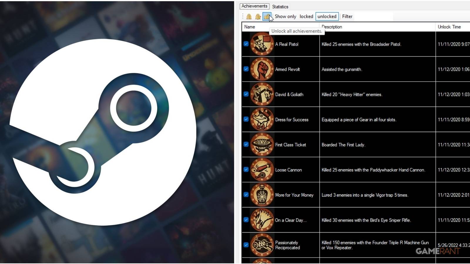 Steam logo and Bioshock Infinite unlocked achievements in Steam Achievements Manager